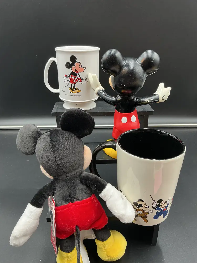 Mickey Bundle, a mug, cup, plush and articulated plastic/silicone.