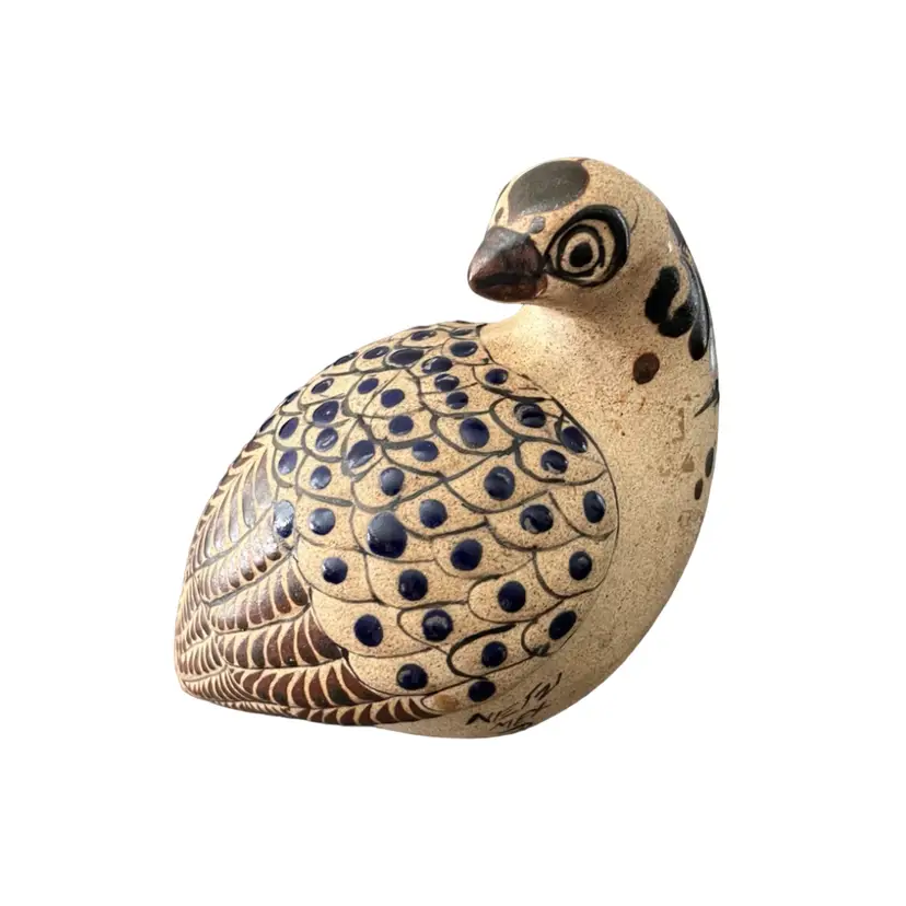 Vintage Hand Painted Mexican Folk Art Pottery Tonala Quail Signed By Netzi