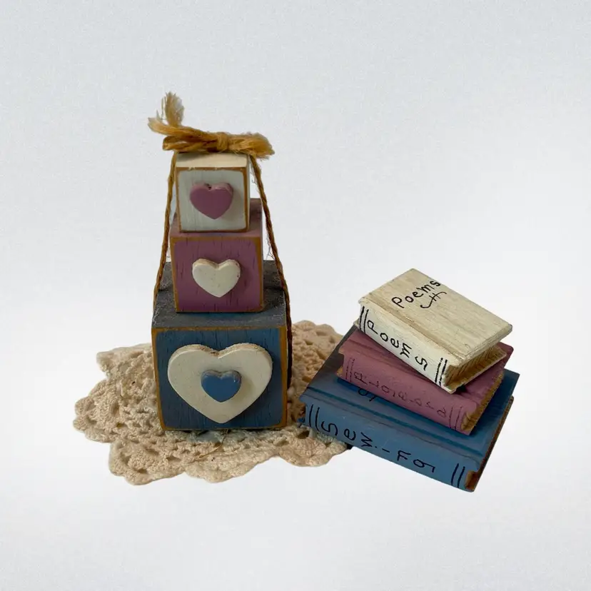 Miniature Country Cottage Shelf Decor Wood Blocks Books & Mini Doily