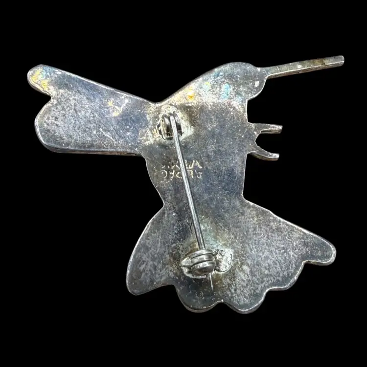 vintage Alpaca Silver Mexican hummingbird pin or brooch- mother-of-pearl and abalone shell inlay
