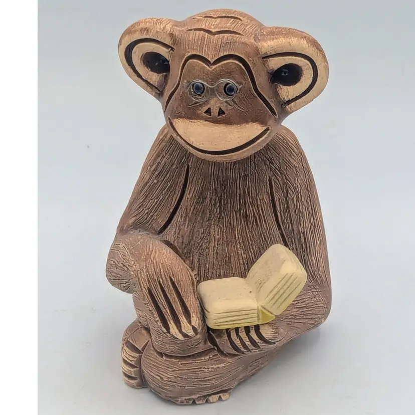 Vintage Artesania Rinconada Monkey holding A Book signed clay figurine