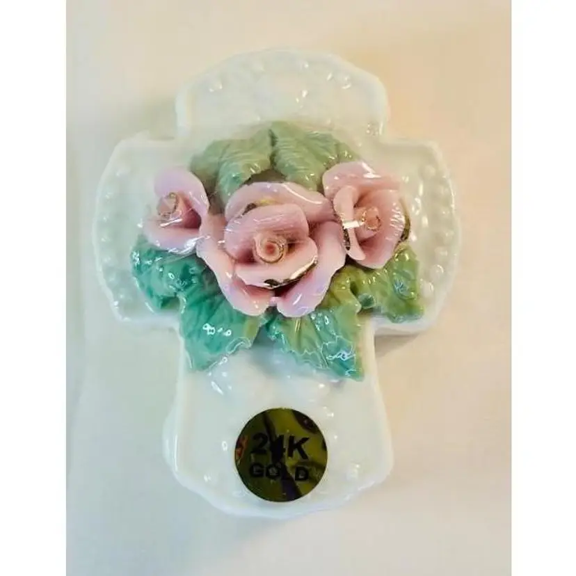 Cross Trinket Dish By Lily Creek Jewelry Box With Pink Roses Porcelain Vintage