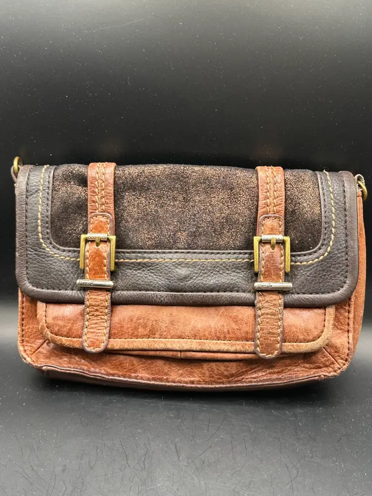 The Sak Glazed Leather Crossbody Shoulder Handbag Tri Color Brown Buckle Trim