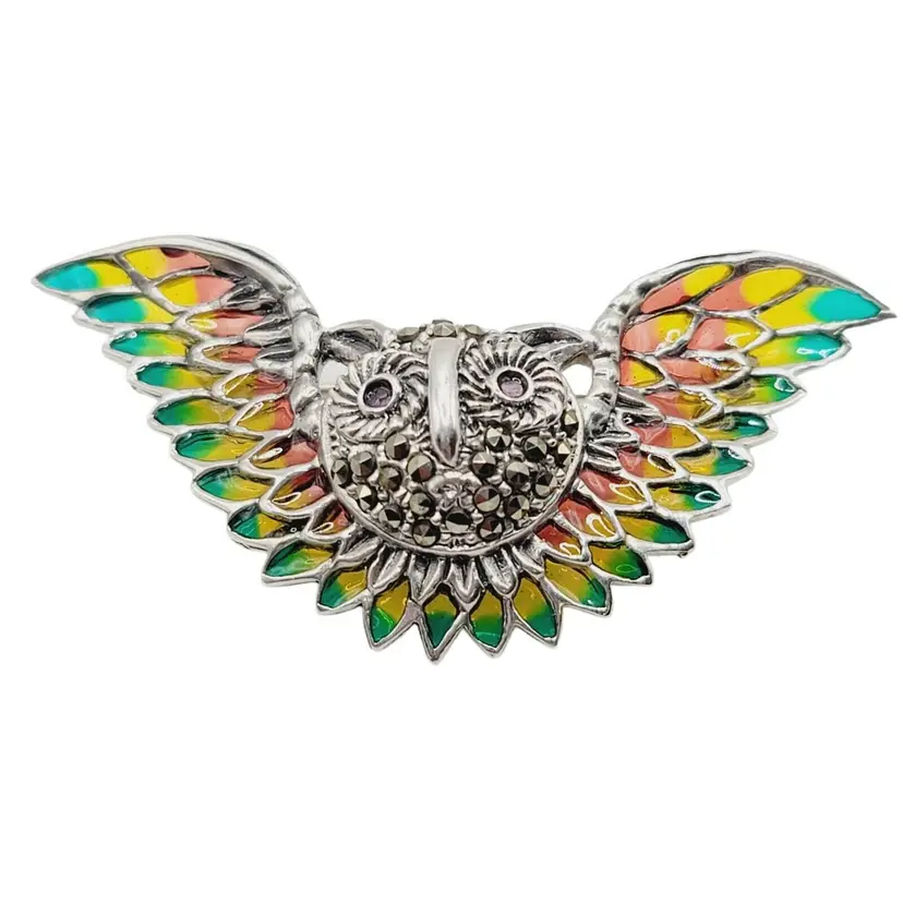 Handmade 925 Sterling Silver Plique Enamel Ruby Marcasite Brooch Owl in Flight