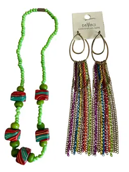 Vintage Da Vinci Shoulder Duster Chain Pierced Earrings & Glass Bead Necklace