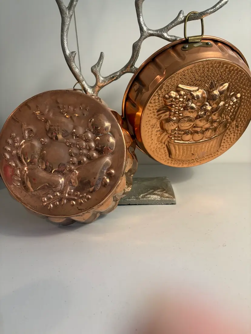 Set Of Two Vintage Heavy Duty Copper Fruit Cake Jello Mold Pan Kitchen Wall Decor