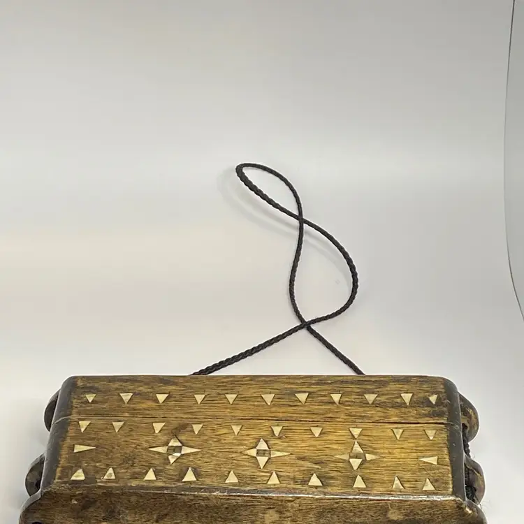 Small Hand Carved Mango Wood Box/Purse w/ Aztec Inlay Design, 7.5" x 3.5"