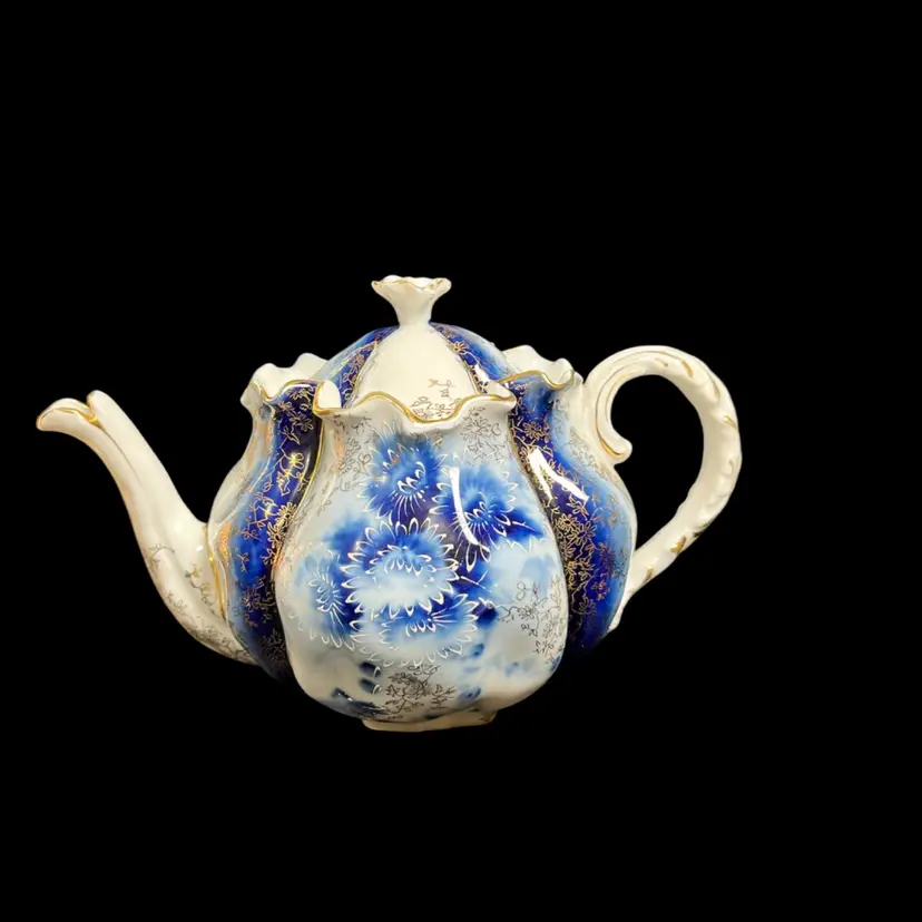 Anitque-Flow Blue Late 1800s - Early 1900s High Fired White Porcelain Decorated w/ Deep Cobalt Blue Glaze, Intricate Gold Gilt Floral Overlays. CHECK OUT the UNIQUE Lid on this Beauty