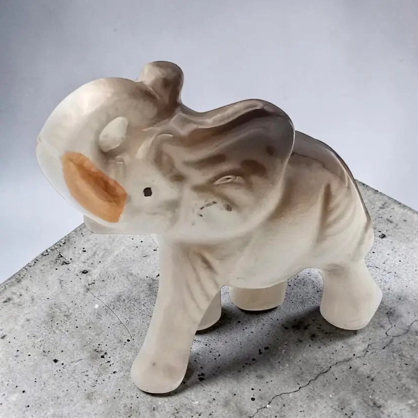 Vintage Ceramic Cream and Brown Elephant Trunk Up Good Luck Figurine Japan
