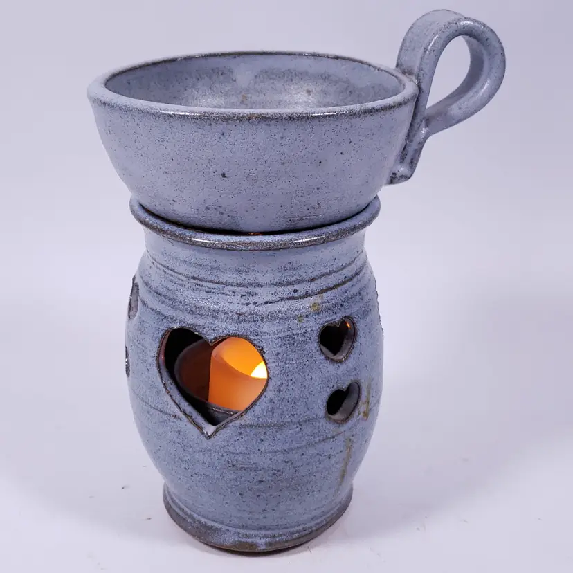 Signed Stoneware Heart Cutout Blue Farmhouse CANDLE VOTIVE HOLDER WAX WARMER SET