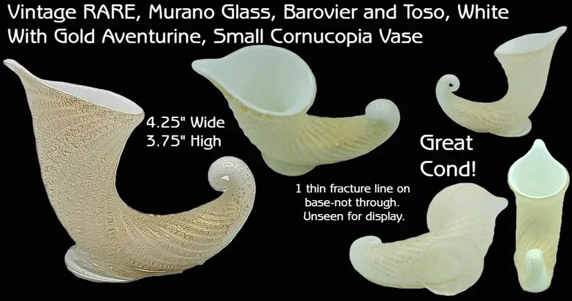 Vintage, Very Rare Murano Glass, Barovier & Toso, White With Gold Aventurine Small Cornucopia