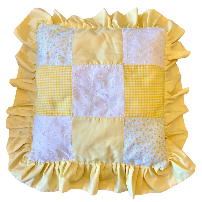 #01 White & Yellow 20” Eyelet & Gingham Floral Pillow