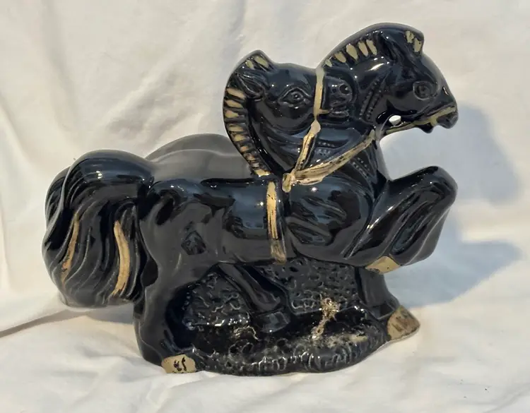 MCM Black Glossy Carriage Horses Figurine w/gold Accents