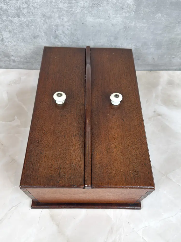 Mahogany Cutlery Box with Double Lids & Porcelain Knobs, Vintage Silverware Chest (132-25)