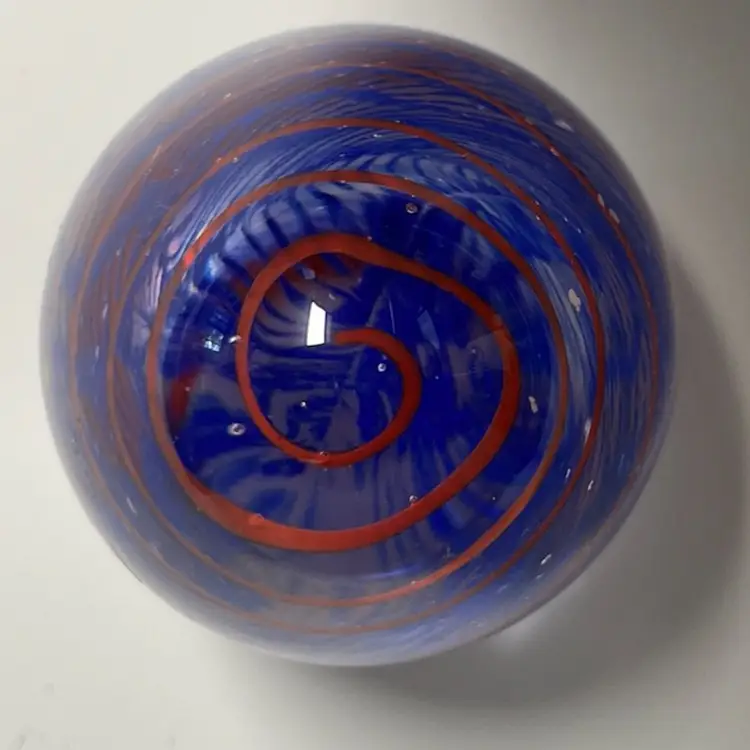 Hand-Blown-Studio Art Glass Paperweight-Red Ribbon & Cobalt Blue Core- Egg Shape- 3” Tall- 2.5” Wide