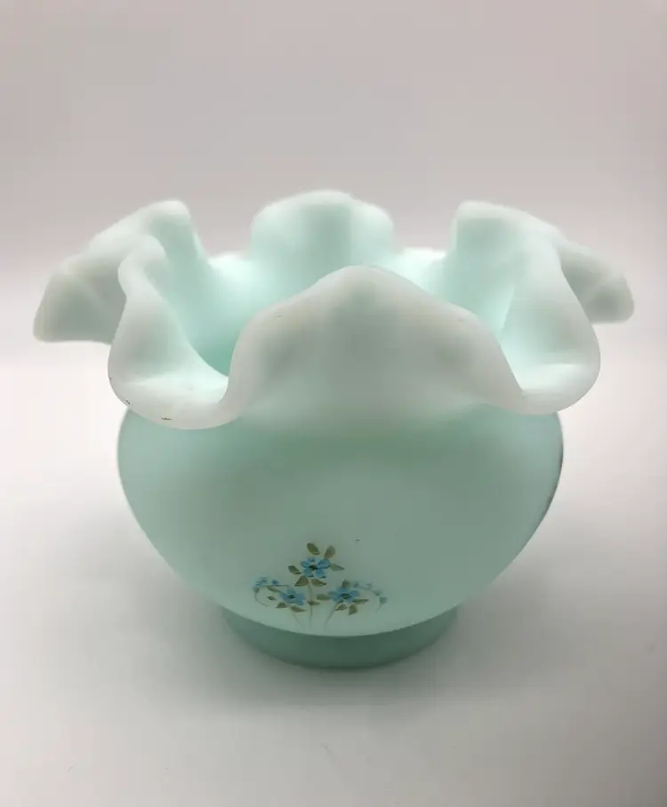 BIN - VTG Fenton Blue Satin Glass Ruffled Edge Vase Bowl Painted Blue Roses, Signed