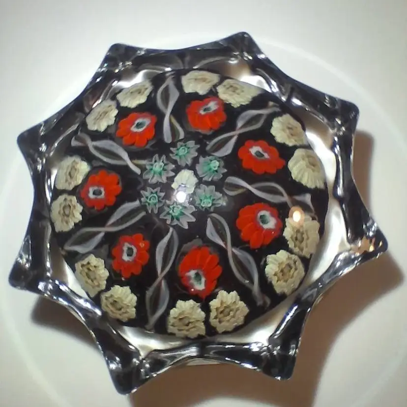 Vintage Strathearn Med. Pressed 8 Point Star Red/Green/White Glass Paperweight w/Latticinio & Paneled Millefiori