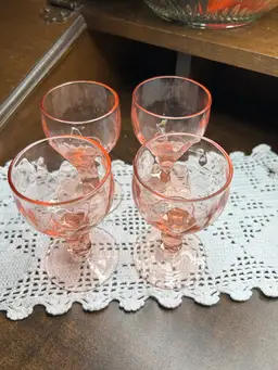 Vintage Pink Depression Cordial Glasses, Teardrop Optic Pattern, with Bubble Stems,