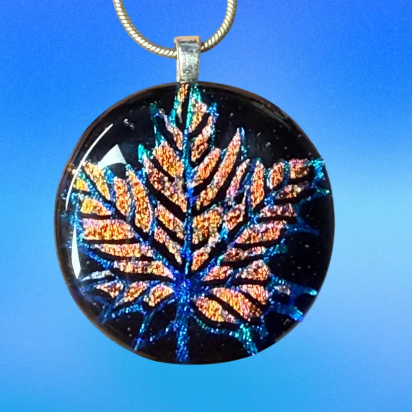 Blue And Orange Dichroic Glass Maple Leaf Pendant On Stainless Steel Snake Chain