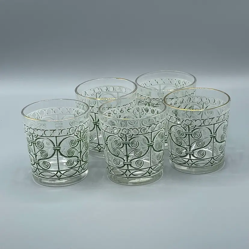 Set Of 5 Green & White Scroll Pattern Low Ball Tumbler Glasses