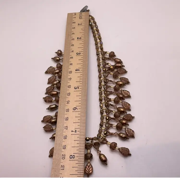 Gold Swarovski Crystal & Pearl Dangle Choker Necklace with Button Toggle Clasp Artisan Made 14”