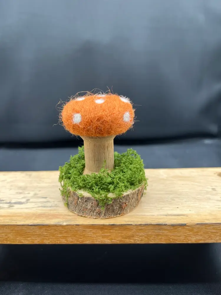 Made By Me Needle Felted Mushroom With Vintage Wood Spool Stem 2.5” X 2”