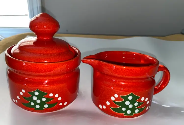 Waechtersbach Red Christmas Tree Creamer Sugar Bowl w/ Lid West Germany Vintage