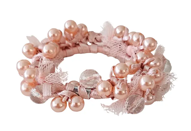 Pink Bead, Ribbon Bun Wrap, Pony Holder Wristlet L518