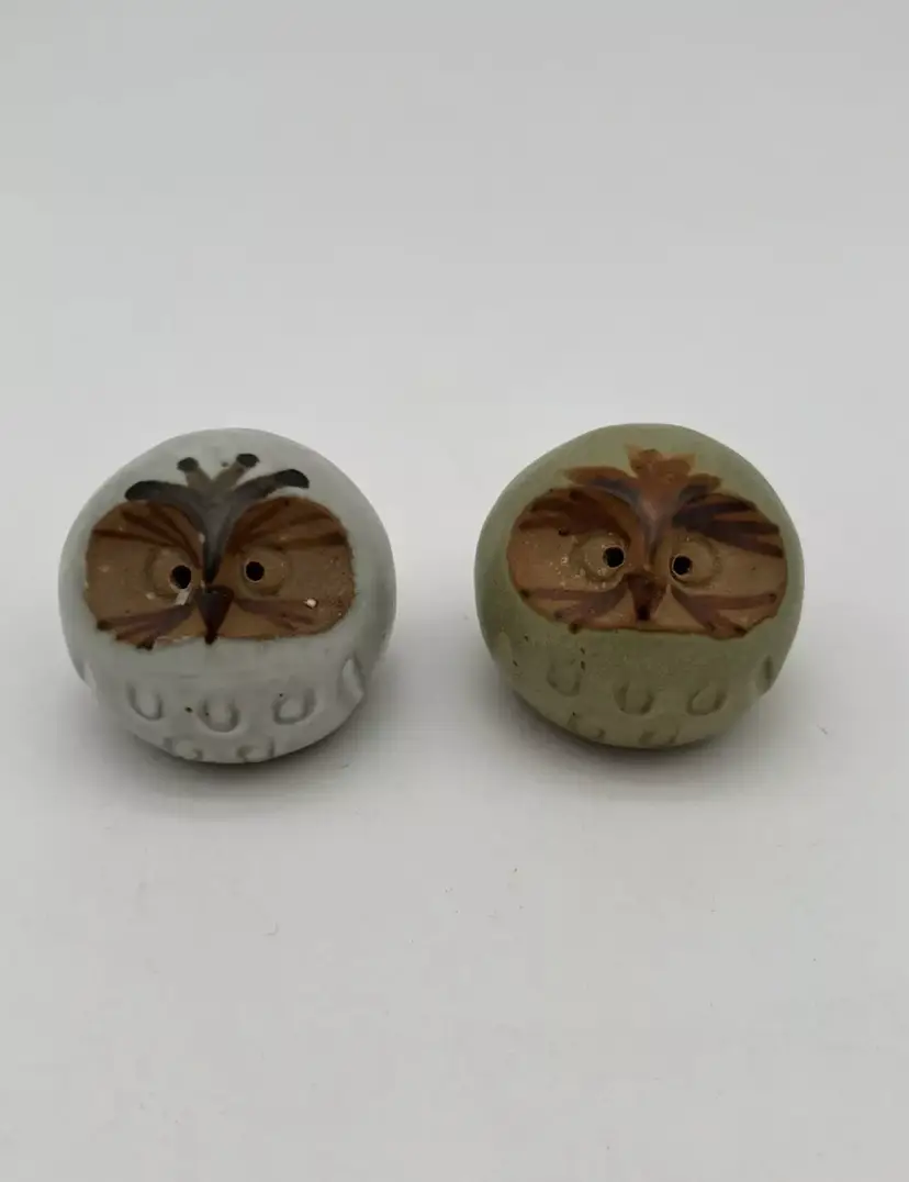 Small Handmade Vintage Owl Salt And Pepper Shaker Set Cream Olive Green Neutral