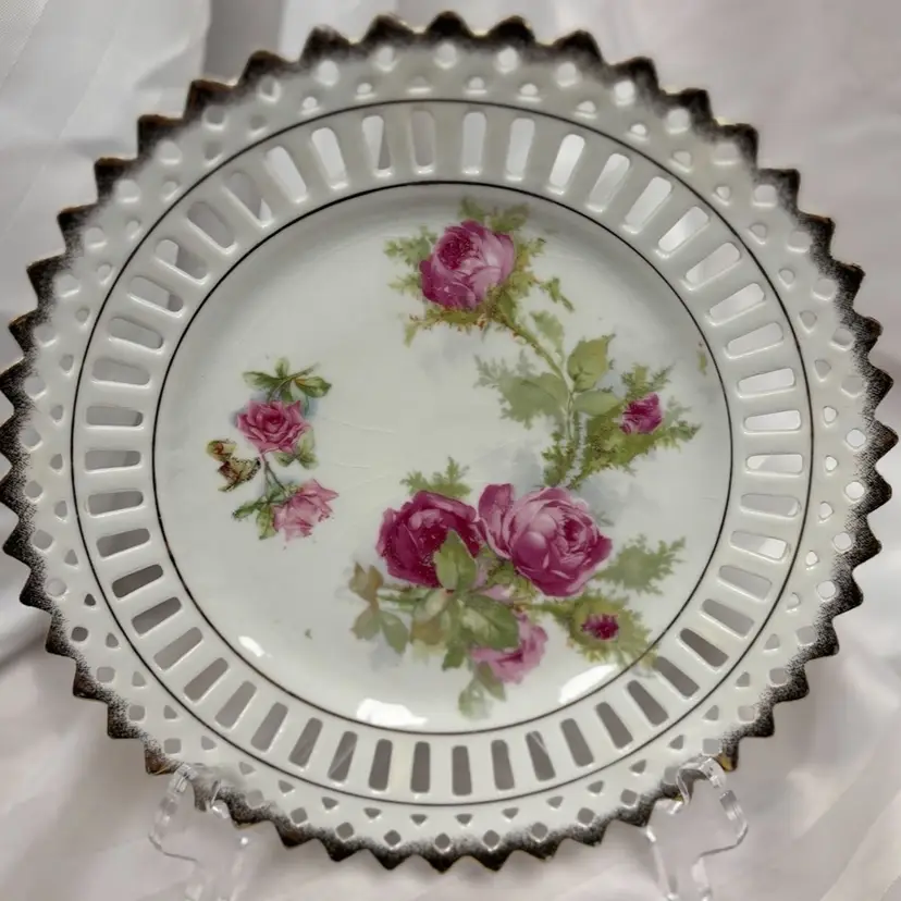 Vintage Reticulated Plate 7" French Country Decor Roses Gilt