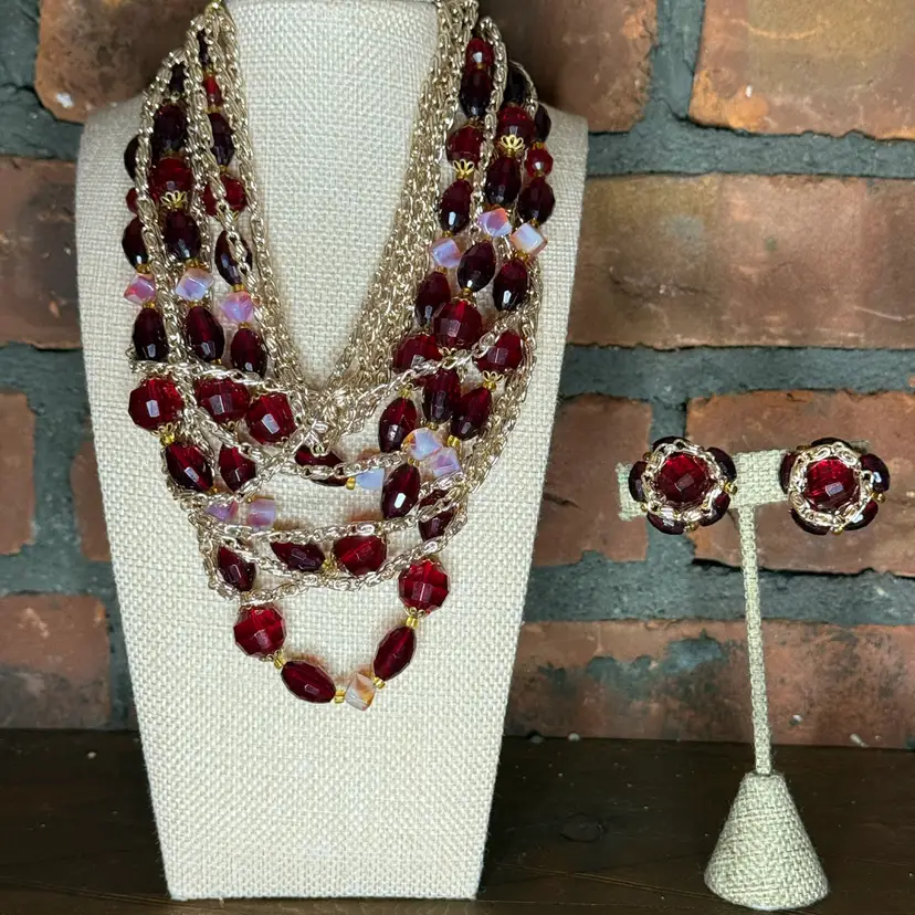 Vintage West Germany Gold Multi-Strand Necklace 20” & Earring Set w/ Deep Red Beads