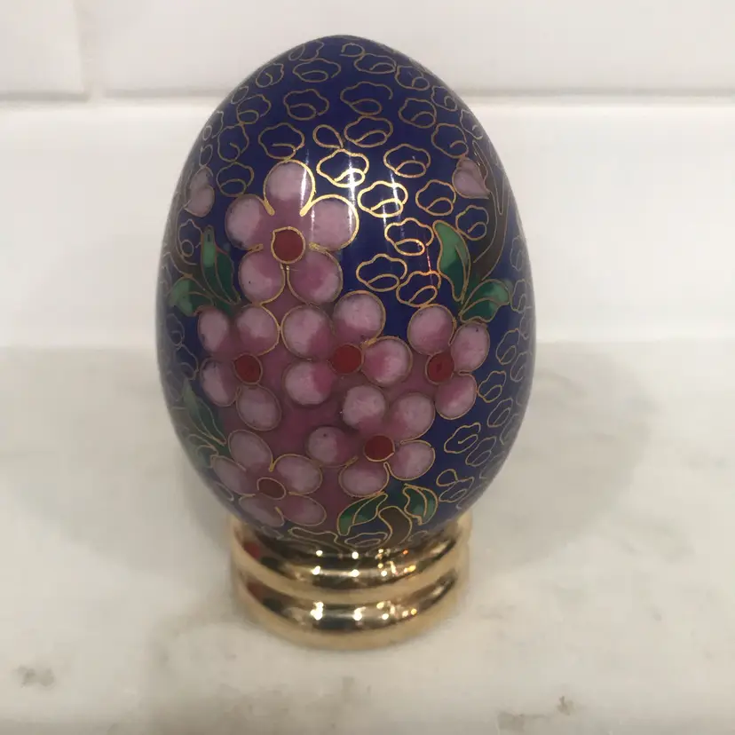 Vintage Cloisonné Enamel Egg Blue With Gold And Flower Etching