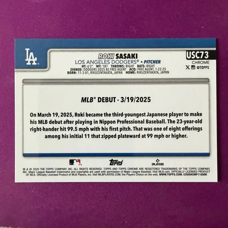 Roki Sasaki 2025 Topps Chrome Update Orange Refractor /25 Los Angeles Dodgers