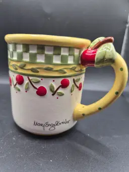 Mary Engelbreit 1998 Ceramic Mug With Handle Cherry Checker Design 12 Oz