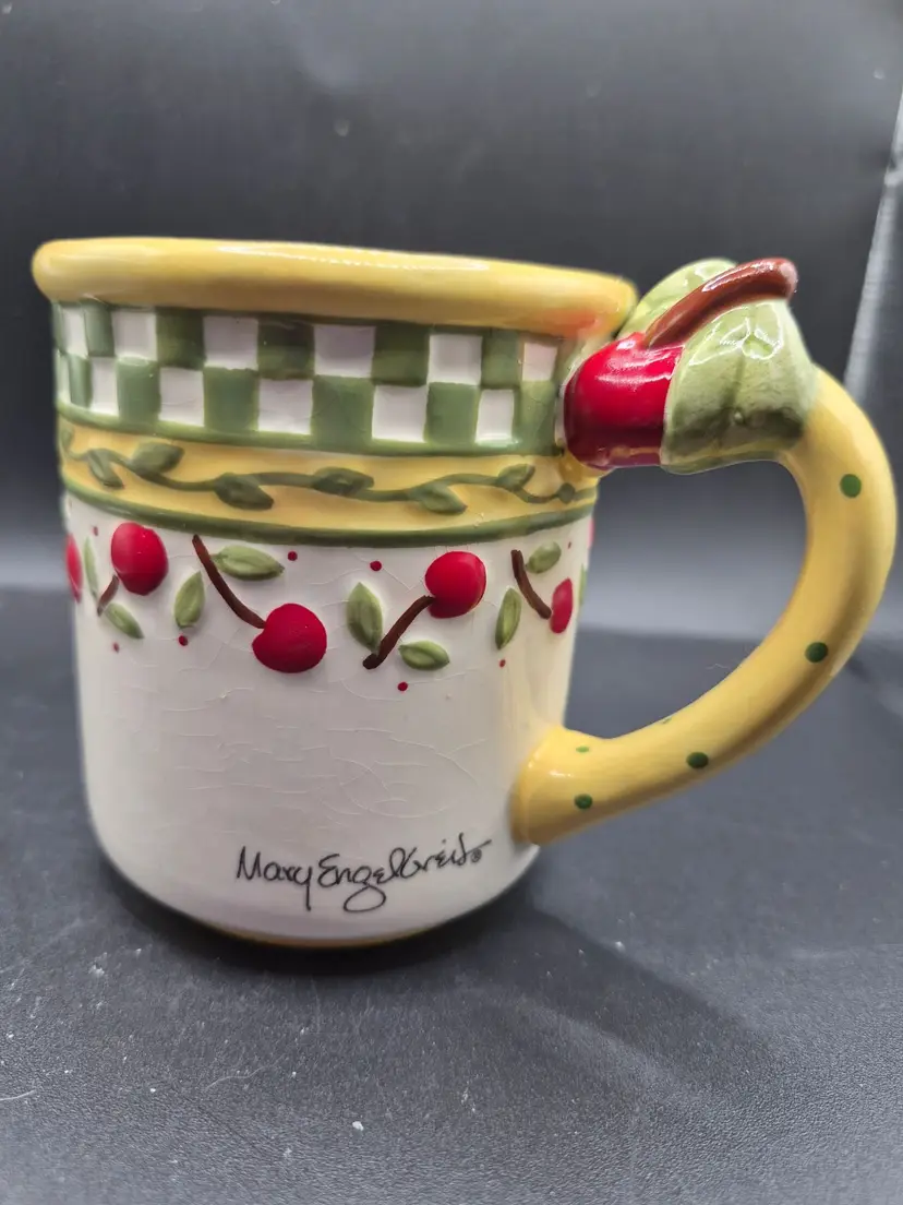 Mary Engelbreit 1998 Ceramic Mug With Handle Cherry Checker Design 12 Oz