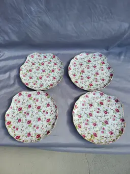 Vintage Lefton China Snack Plate Rose Chintz Gold Trim 8" Shell Shape Lot Of 4