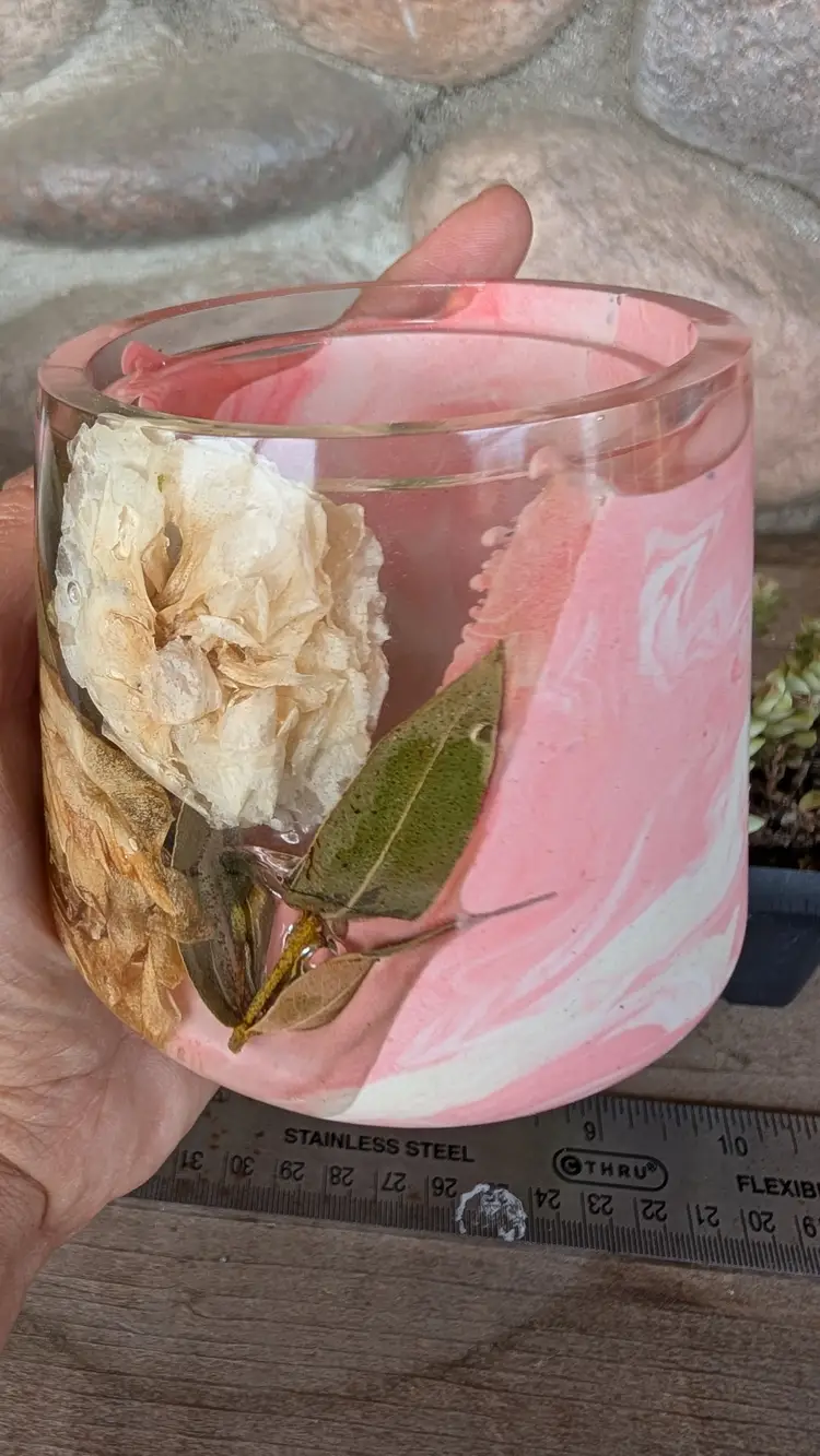 Jesmonite/Resin Pot - PINK/WHITE floral - tapered cuppy