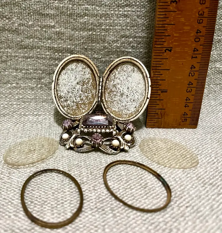 Vtg MCM Florenza Double Jeweled Miniature Picture Frame Purple White Gold Tone