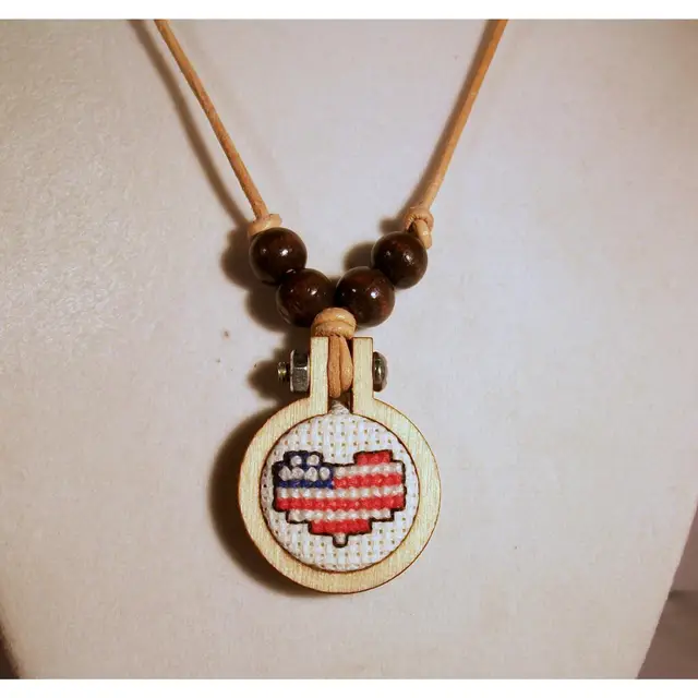 Cross Stitch Heart Shape American Flag  Mini Embroidery Hoop Patriotic Boho Pendant Necklace 16