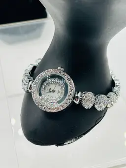 Vintage Anne Klein Bracelet Watch Rhinestone Band Face With Moving Stones 