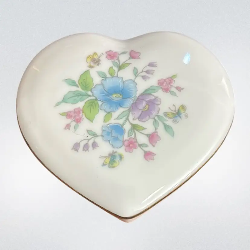 Heart Shaped Flowered Trinket Dish Made In Japan