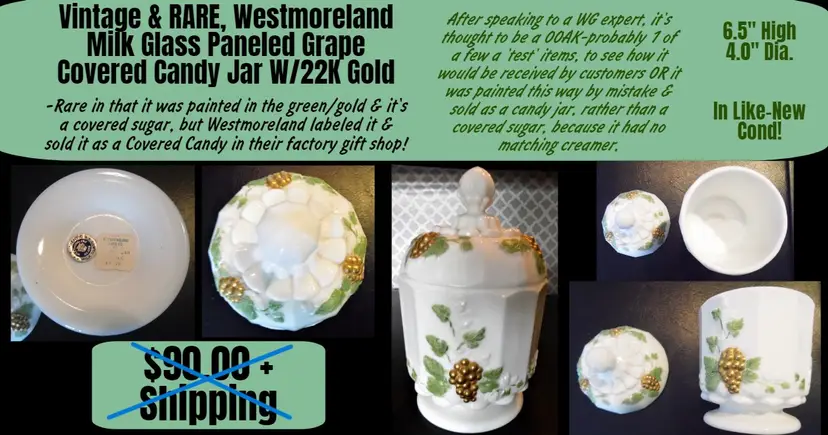Vintage WESTMORELAND, RARE Version Paneled Grape Covered Candy Jar, with Gold & Green Paint