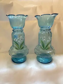 Pair of Victorian Blue Art Glass Vases w/ Enamel Painted Lily of the Valley Flowers 6”