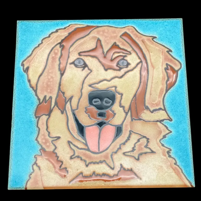 BIN - Contemporary Pacific Blue Tile Golden Retriever Dog Wall Tile / Trivet 5.875”