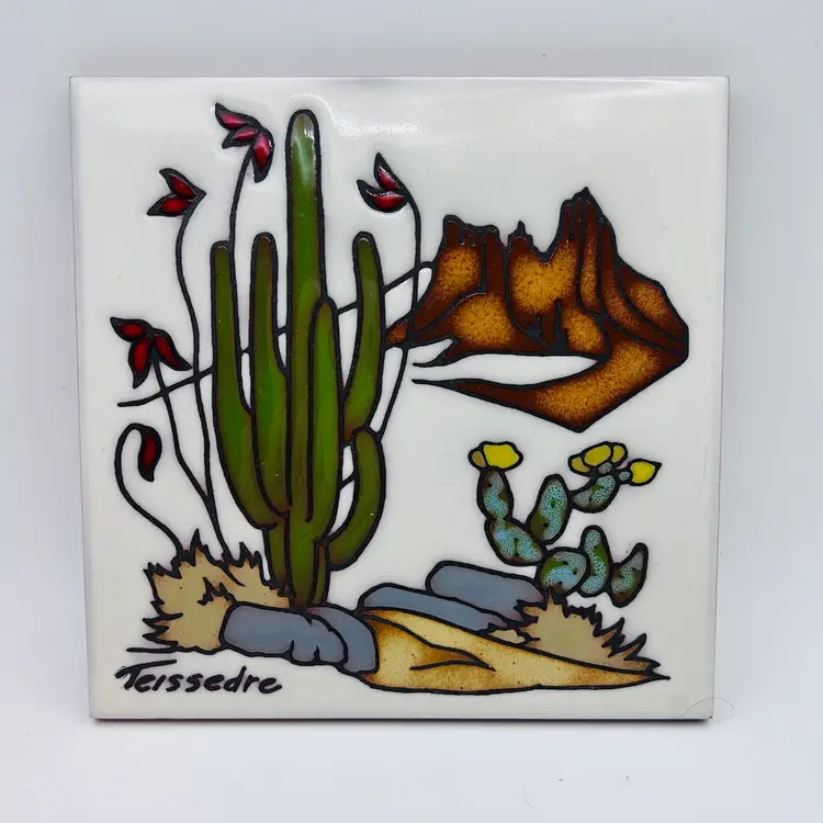 Vintage Cleo Teissedre Handpainted Ceramic Tile Cactus 🌵 Wall Decor, Trivet Or Coaster 6”x 6”