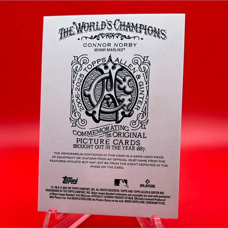 Connor Norby 2025 Topps Allen & Ginter RC  Full Size Relic 13/25 Miami Marlins