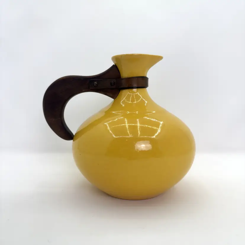 Vintage Bauer Canary Yellow Coffee Carafe, 1930s California Pottery, Wood Handle, Art Deco Pitcher, Missing Lid, Kitchen Decor