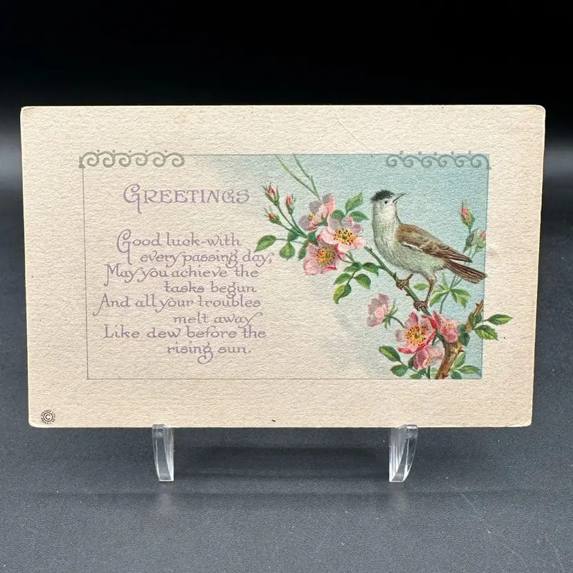 “Greetings!” Pastel Bird Floral Antique Postcard, Unused