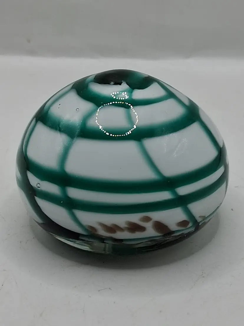 Vintage RARE Murano Italy Milk White, Emerald Green & Copper Aventurine Paperweight