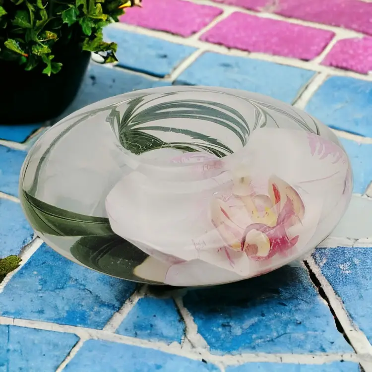 Emilio Robba Paris White Pink Orchid Glass Resin Tealight Votive Candle Holder